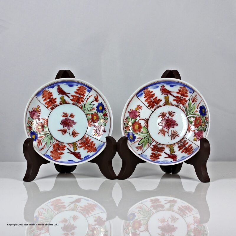 Scarce pair of small enamelled Georgian glass tea saucers