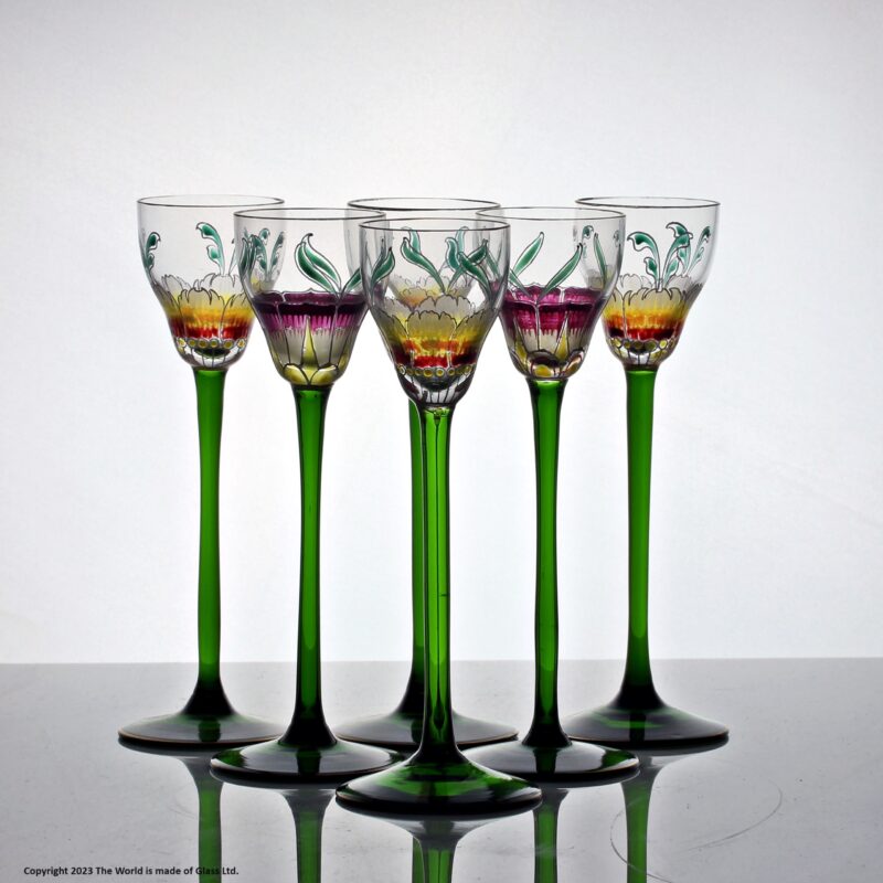 Set of six Theresiental enamelled cordial glasses