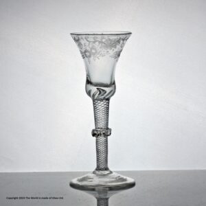Georgian engraved multi spiral air twist wine glass, vermicular collar
