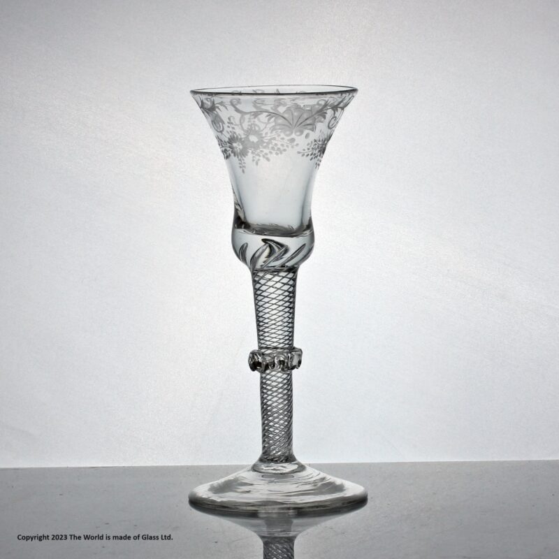Georgian engraved multi spiral air twist wine glass, vermicular collar