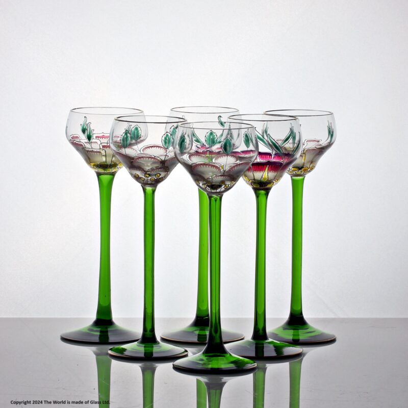 Set of six Theresienthal hand-enamelled cordial glasses
