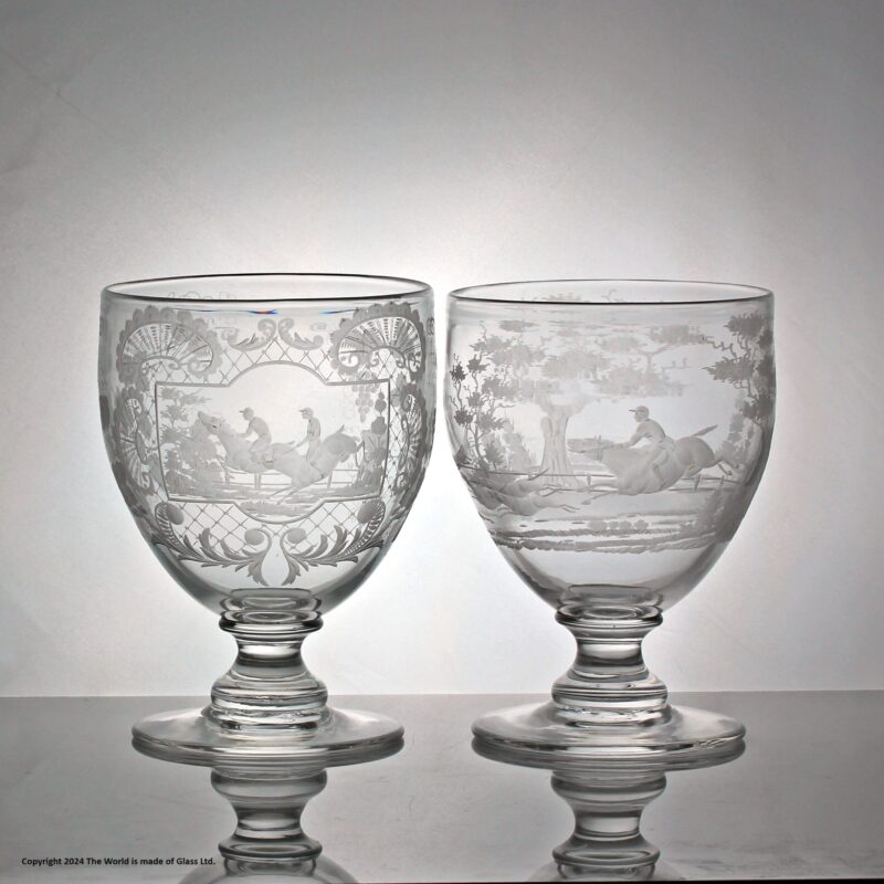 Victorian, large pair of hunting scene engraved mixing rummers