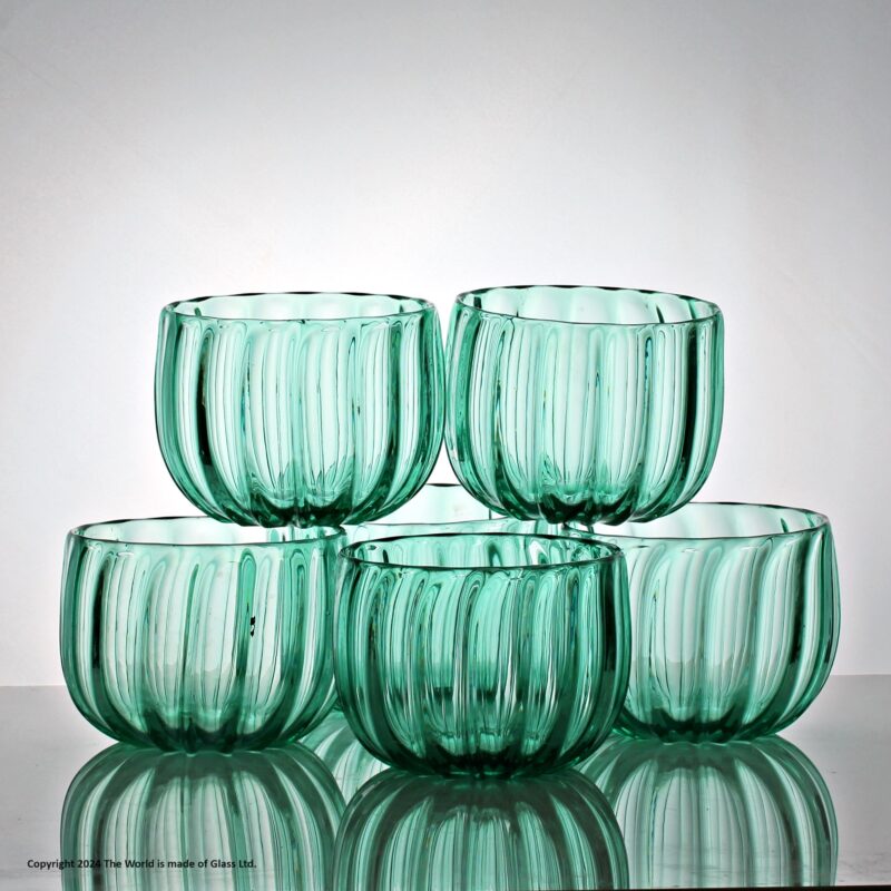 Early Victorian set of six mouth-blown green rib-moulded finger bowls