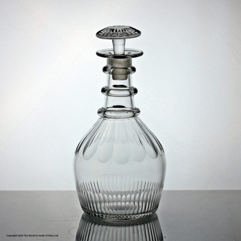 Georgian Prussian shaped three ring spirit decanter, mushroom stopper