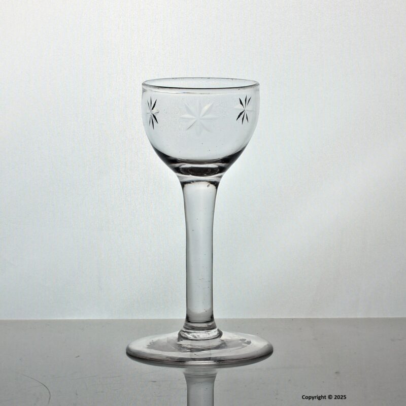 Georgian star-engraved plain stem wine glass, cup bowl