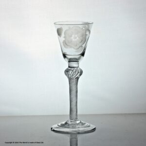 Georgian Jacobite-engraved multi spiral air twist wine glass, rounded funnel bowl