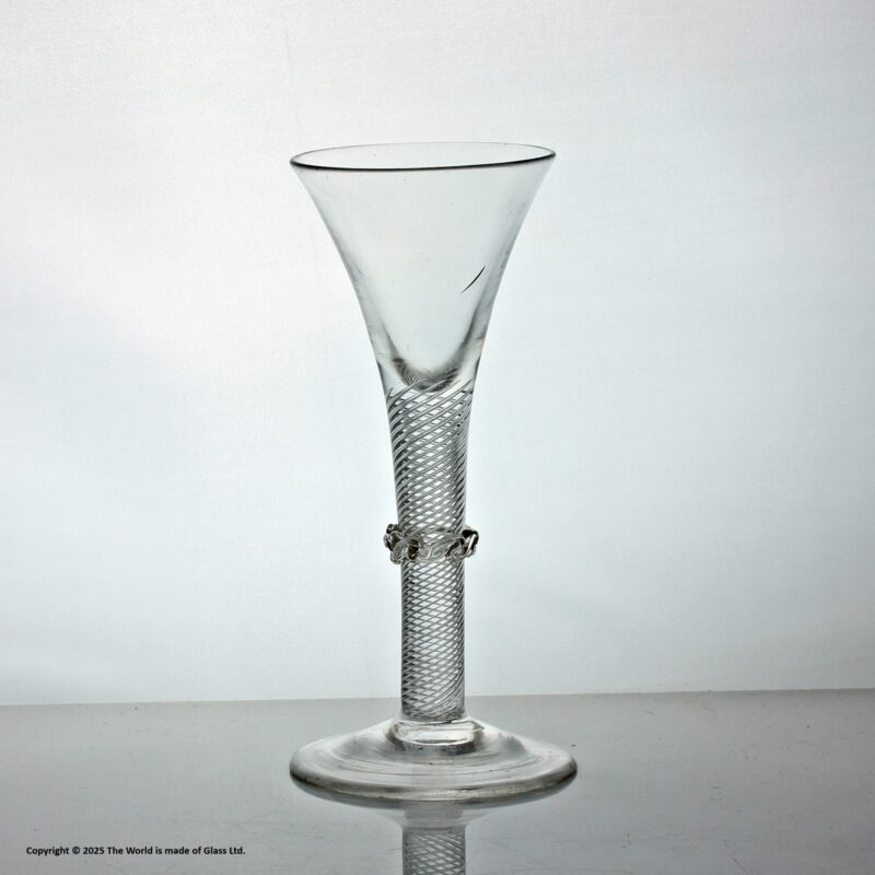 Georgian rare multi spiral air twist wine glass, trumpet bowl, vermicular collar