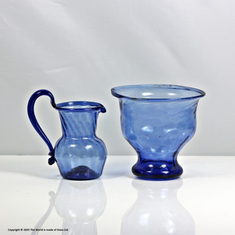 Georgian Sunderland blue wrythened glass cream jug & sugar bowl