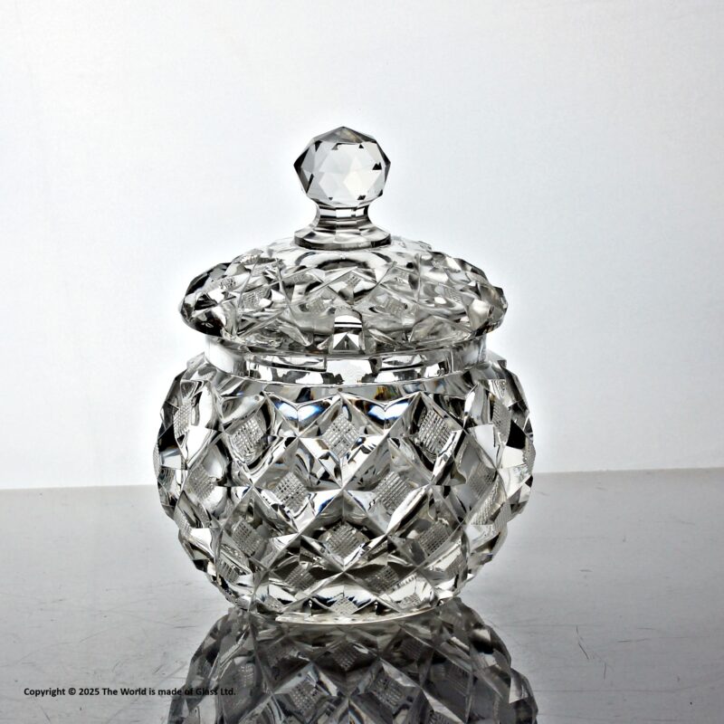 Edwardian strawberry diamond cut glass preserve pot and cover