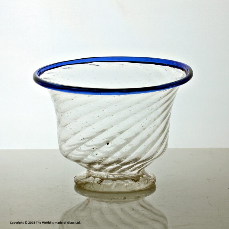 Georgian wrythen-moulded glass sugar bowl, blue glass rim