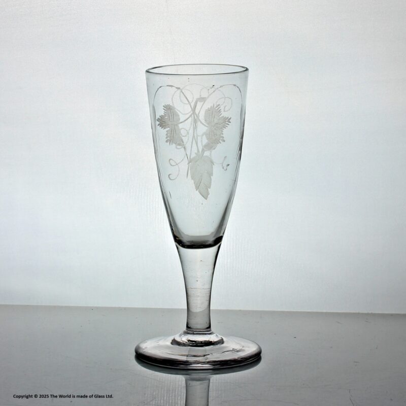 Georgian plain stem ale glass engraved with hop and barley ears