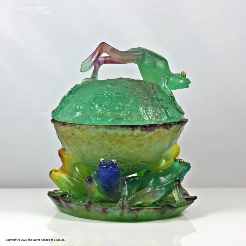 Daum paté de verre bowl and lid, frogs and lily pad