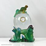Daum paté de verre and lead crystal clock, decorated with frogs