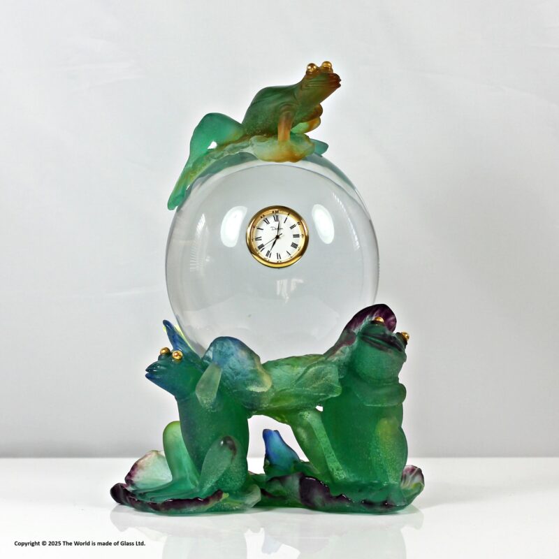 Daum paté de verre and lead crystal clock, decorated with frogs