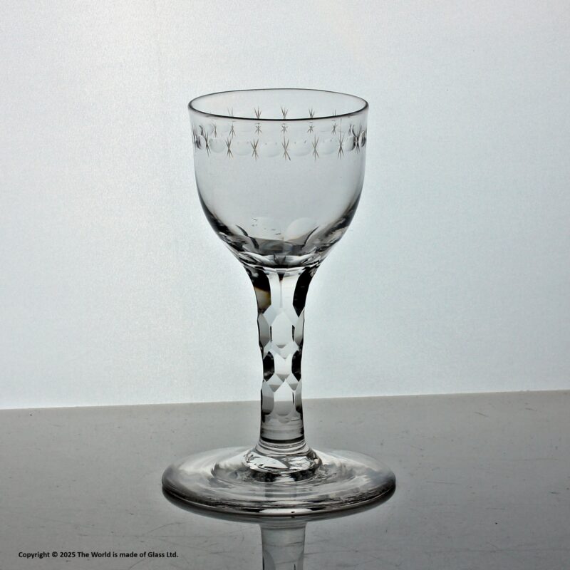 Georgian facet cut stem wine glass, OXO engraved bowl