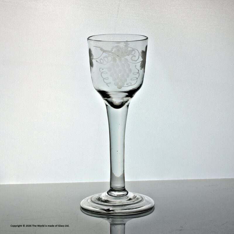 Georgian vine-engraved plain stem wine glass, ogee bowl