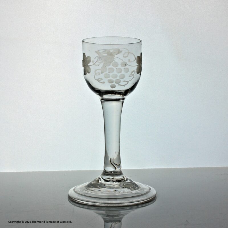 Georgian engraved plain stem wine glass, cup bowl