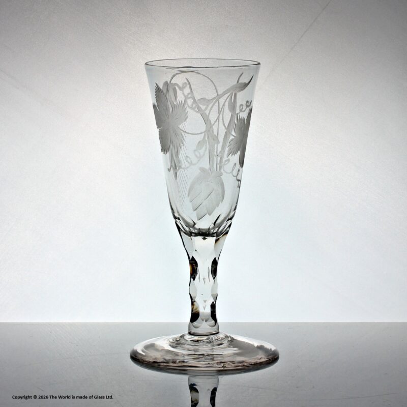 Georgian hop and barley engraved facet cut stem ale flute