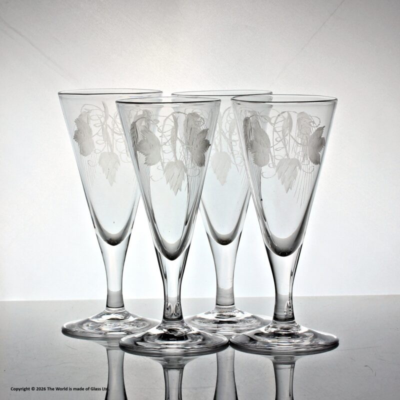 Set of four Georgian, English, hop and barley engraved plain stem ale glasses