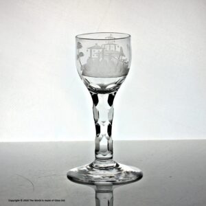 Georgian small facet cut stem wine glass, Chinoiserie engraving