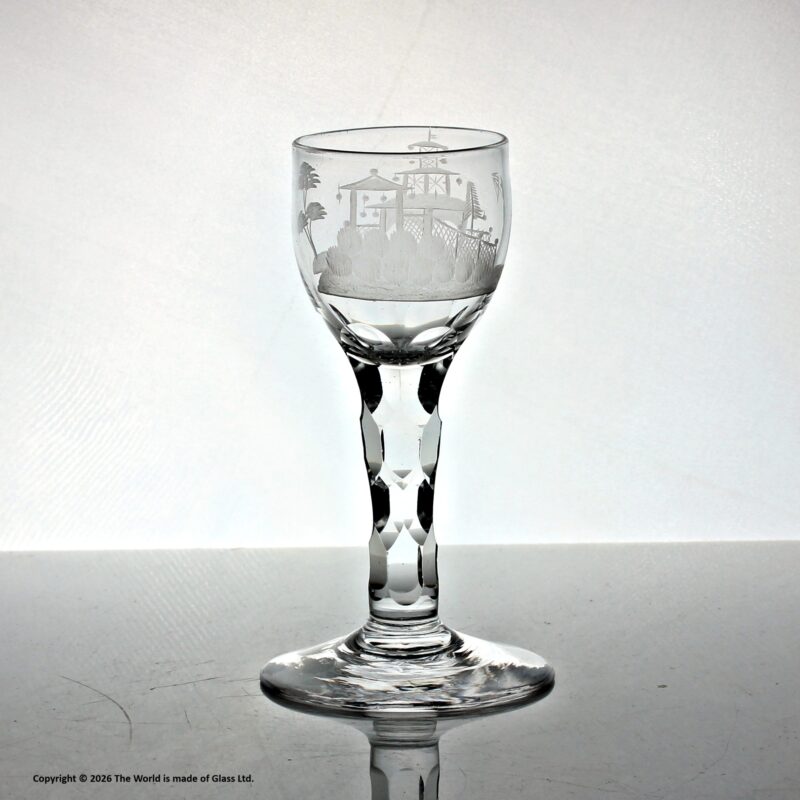 Georgian small facet cut stem wine glass, Chinoiserie engraving