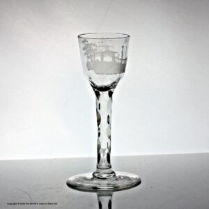 Georgian facet cut stem wine glass, Chinoiserie engraving
