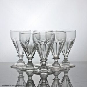 Matched set of six Victorian mouth-blown, petal flute-cut dram glasses