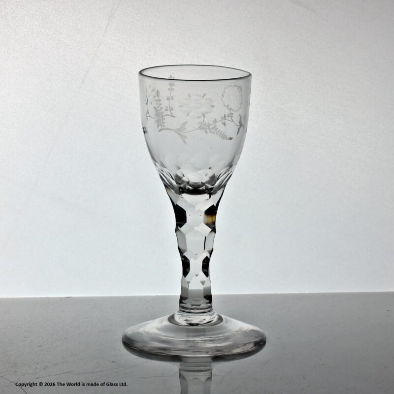 Georgian, English, engraved facet cut stem wine glass