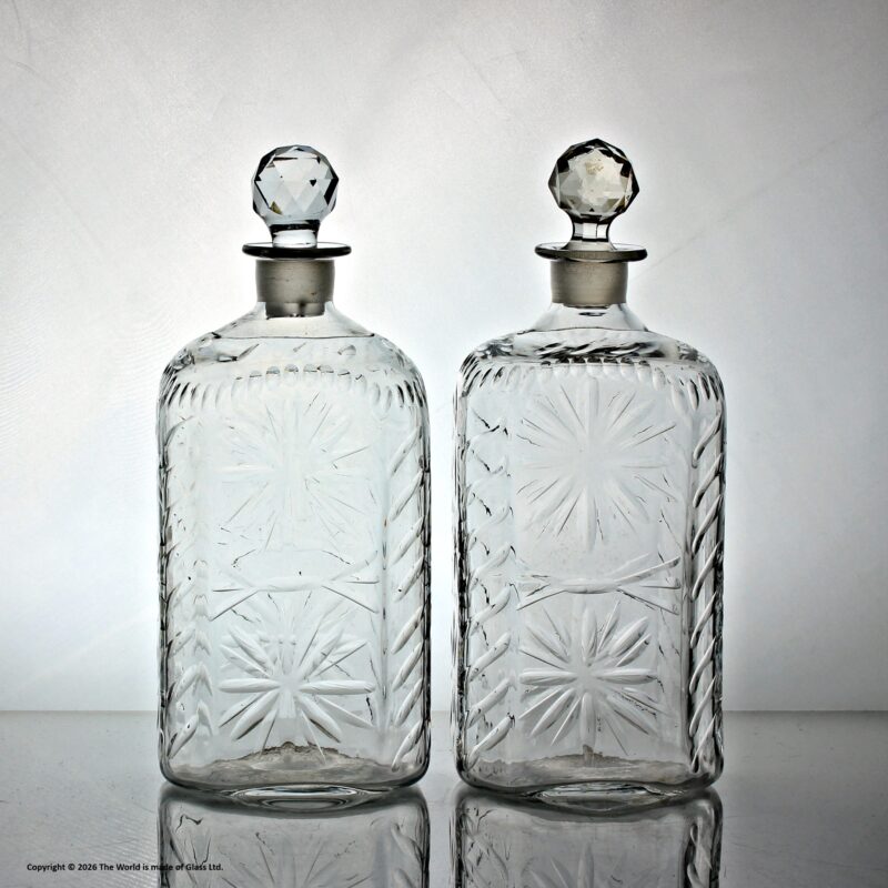 Victorian pair of shallow-cut square base case decanters