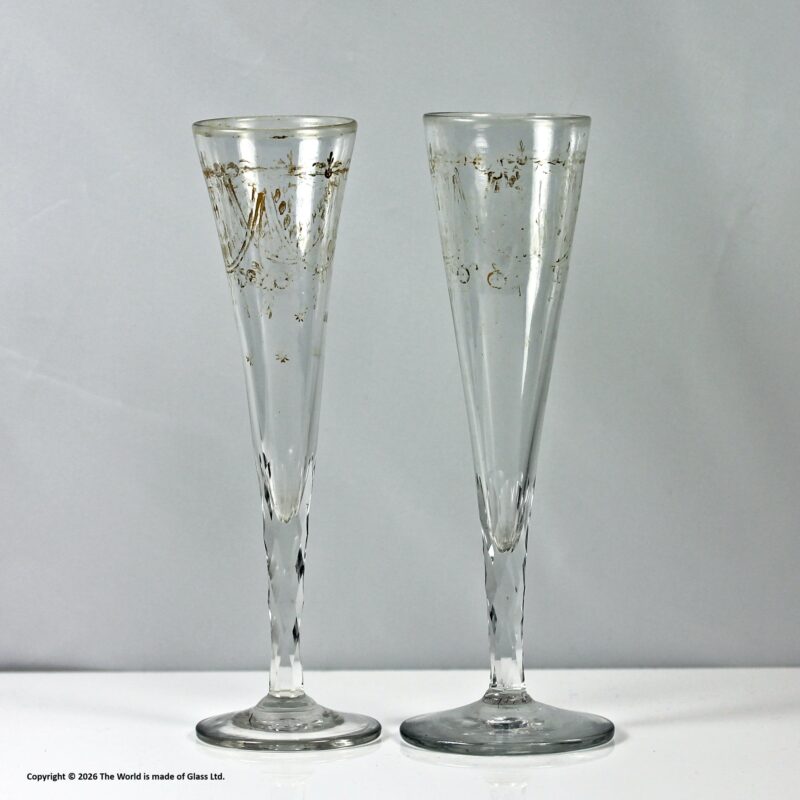Georgian pair of Continental engraved facet cut stem ratafia glasses