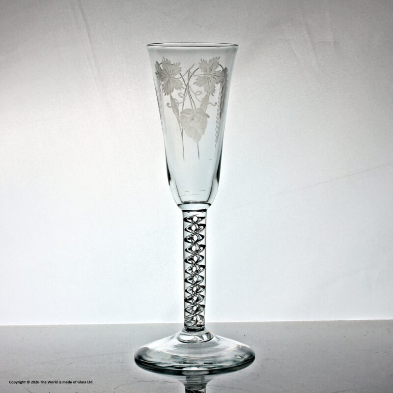 Georgian hop and barley engraved double series mercury air twist stem ale glass