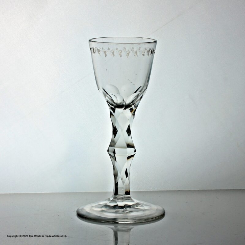 Georgian OXO-engraved facet cut knopped stem wine glass