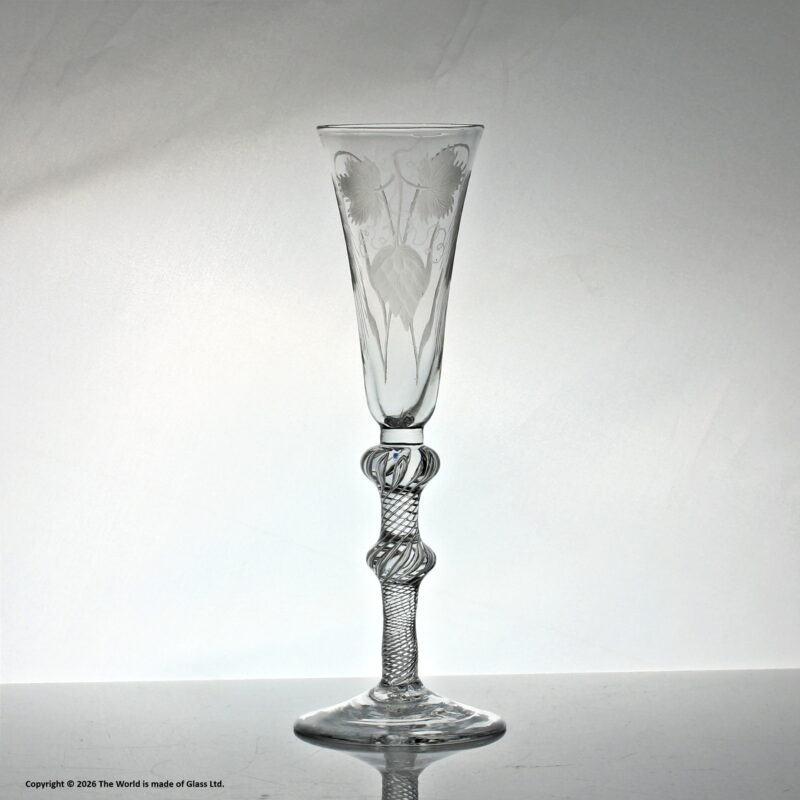 Georgian hop and barley engraved multi spiral air twist ale glass
