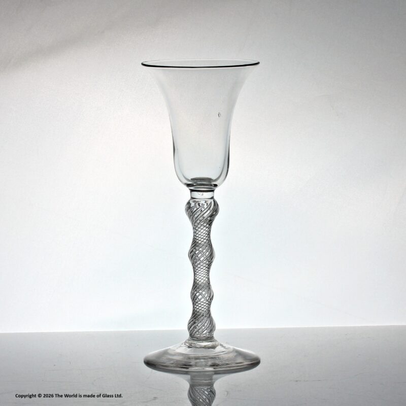 Georgian rare multi spiral air twist wine glass, four knops