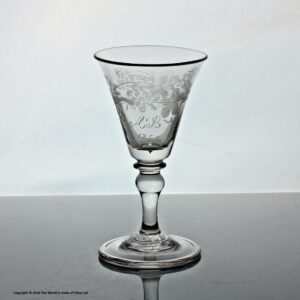 Victorian, English, engraved and dated funnel bowl dram or gin glass