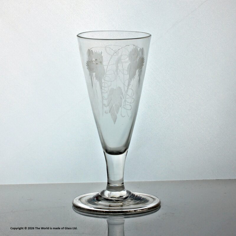 Georgian, English, hop & barley engraved plain stem ale glass