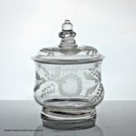 Georgian rare engraved glass sugar bowl or preserve pot with acorn finial
