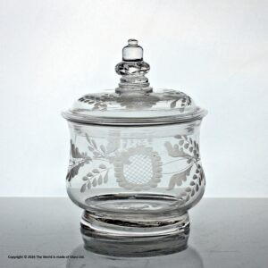 Georgian rare engraved glass sugar bowl or preserve pot with acorn finial