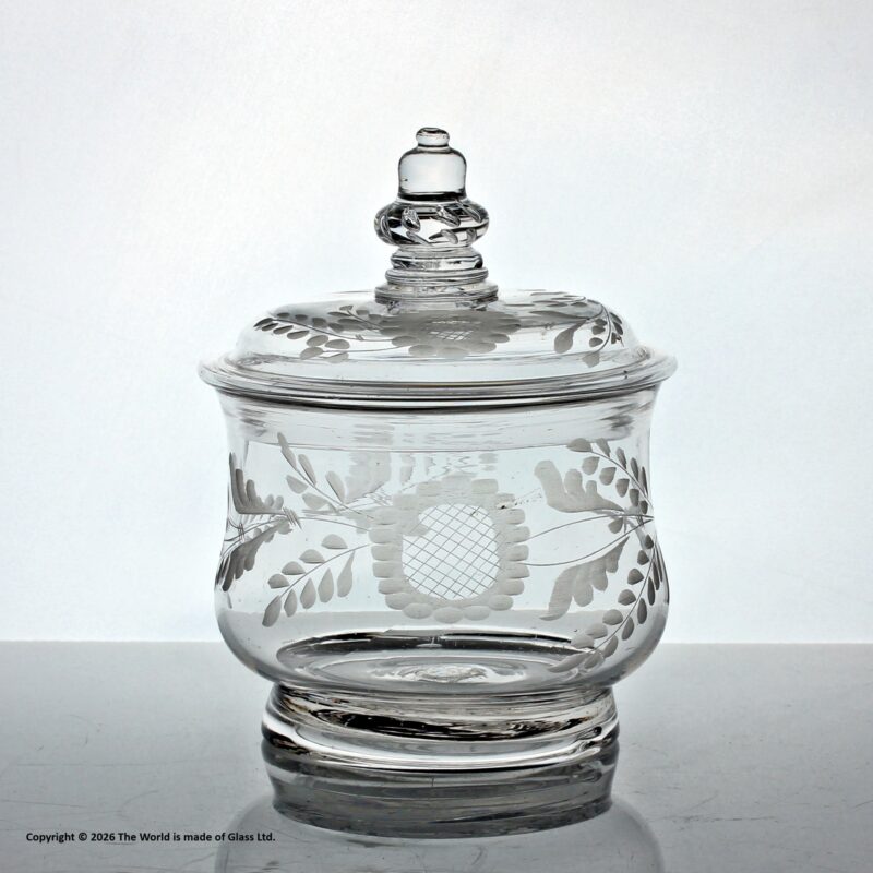 Georgian rare engraved glass sugar bowl or preserve pot with acorn finial