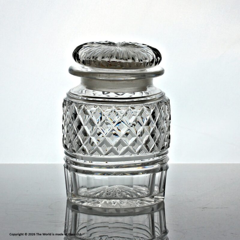 Georgian/Regency strawberry diamond cut glass cylindrical pickle jar and cover