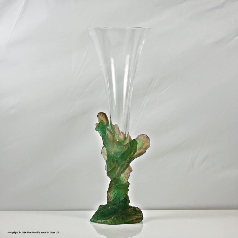 Daum tall paté de verre and lead crystal trumpet vase