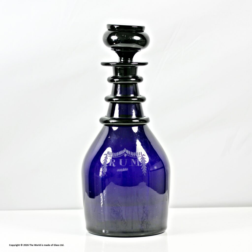William IV/early Victorian Bristol blue three ring decanter