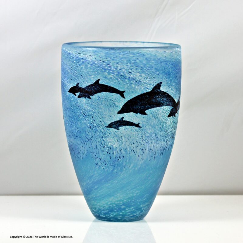 Malcolm Sutcliffe tall cameo glass vase, Dolphins