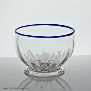 Georgian wrythen panel-moulded clear glass sugar bowl, blue glass rim