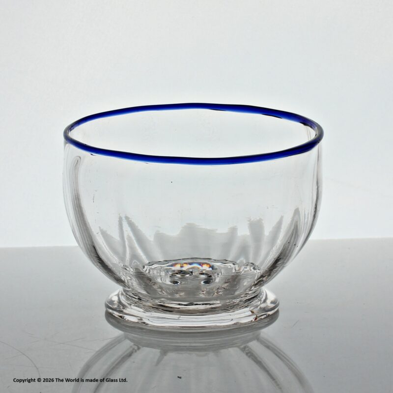 Georgian wrythen panel-moulded clear glass sugar bowl, blue glass rim