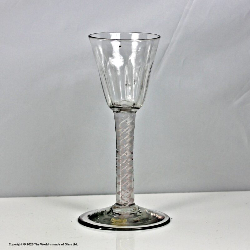 Georgian double series opaque twist wine glass, flute-moulded rounded funnel bowl