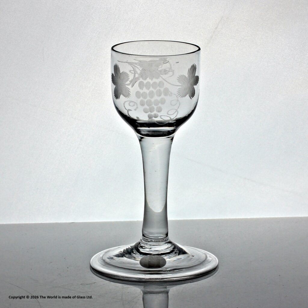Georgian plain stem wine glass, vine-engraved ovoid bowl, folded foot
