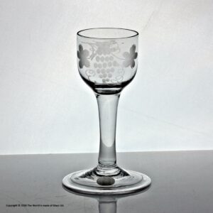 Georgian plain stem wine glass, vine-engraved ovoid bowl, folded foot