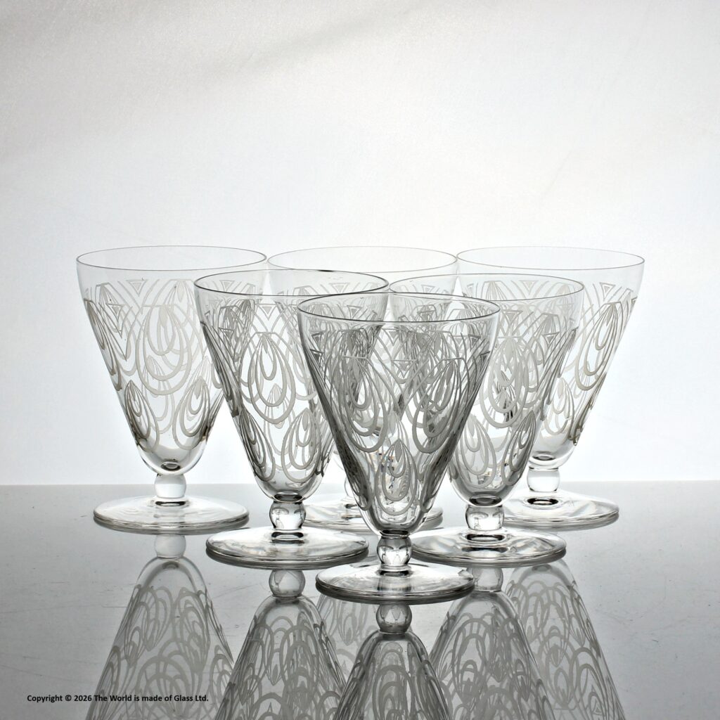 Set of six St. Louis Crysal Astrid pattern red wine glasses