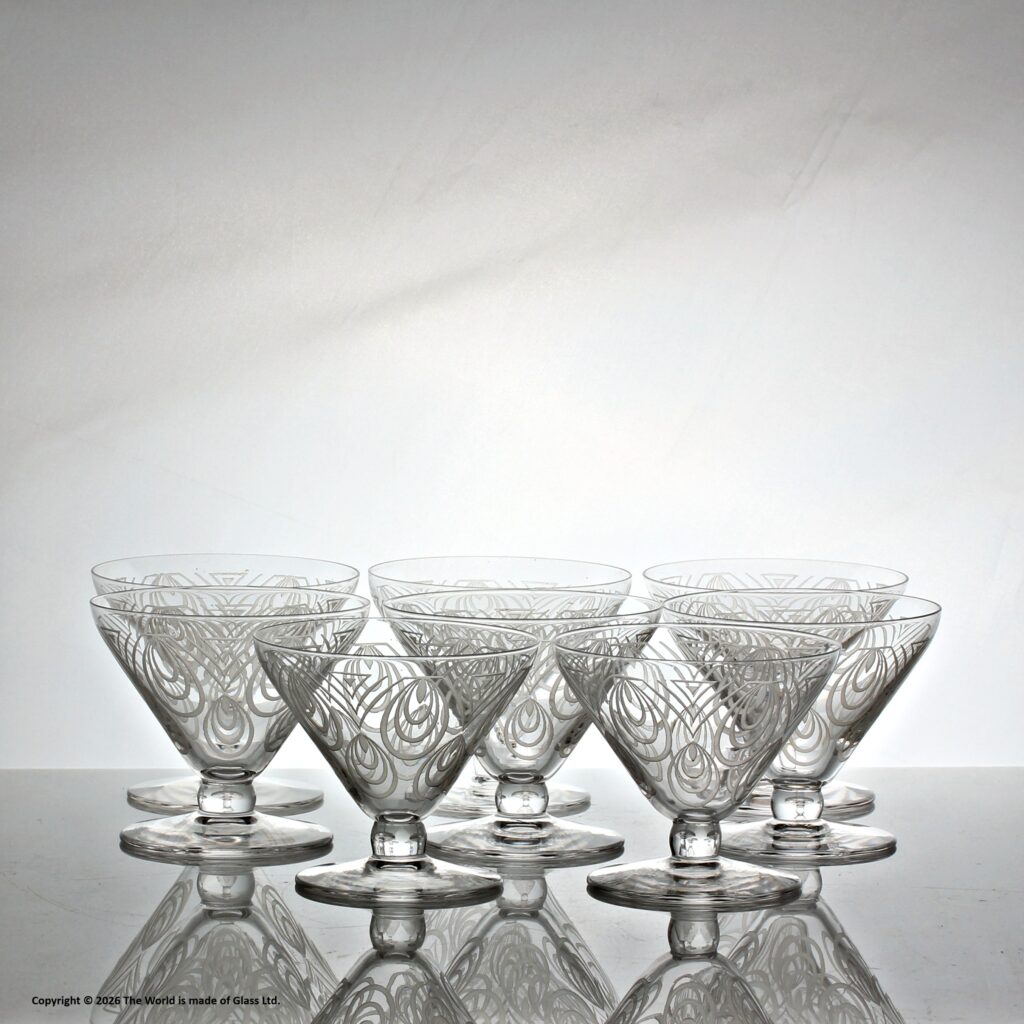 Set of eight St. Louis Crystal Astrid pattern champagne coupes